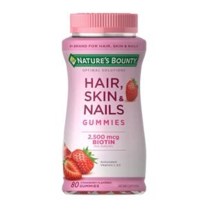 Nature’s Bounty Hair, Skin & Nails Vitamin Gummies with Biotin, 2500 mcg, Strawberry, 80 Count